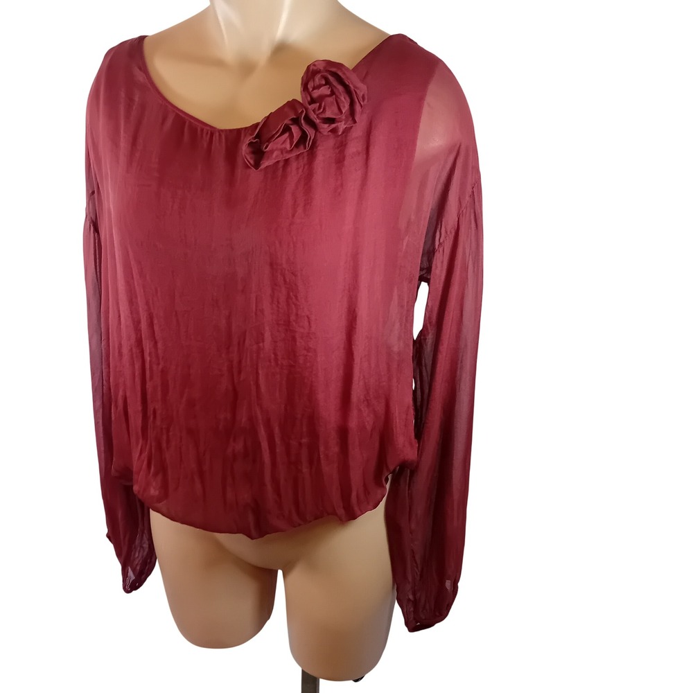 Y2K Femme Silk Blouson Hem Flowy Whimsigoth Burgundy Rose Blouse Sheer Sleeves M - Picture 3 of 16